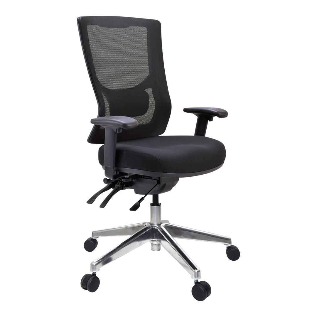 Buro Metro II 24/7 high back chair with adjustable arms, shown with optional polished aluminium base (Buro Seating photograph)