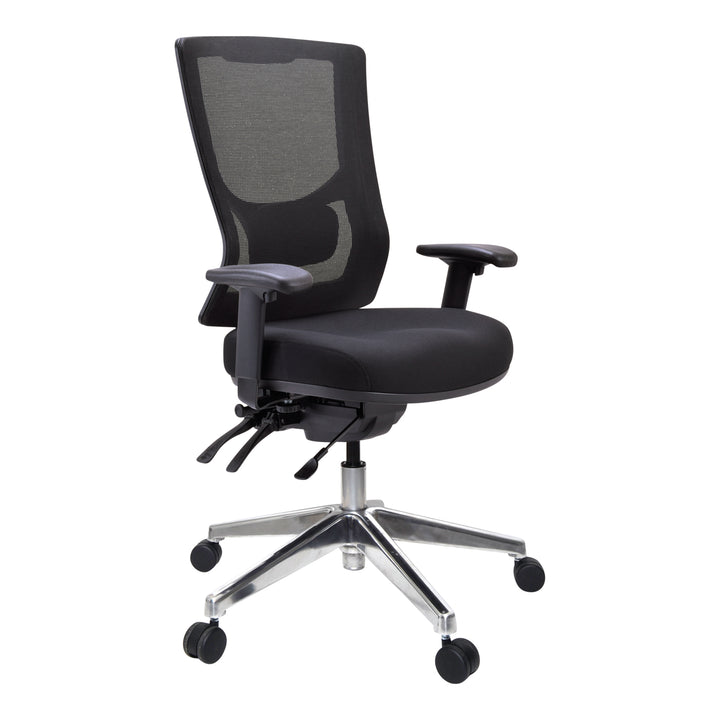 Buro Metro II 24/7 high back chair with adjustable arms, shown with optional polished aluminium base (Buro Seating photograph)