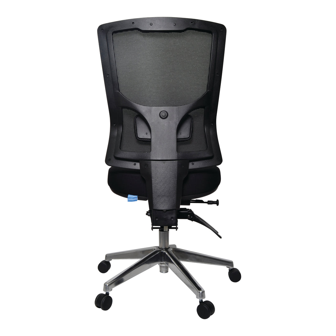 Buro Metro II 24/7 high back chair, shown with optional polished aluminium base, back view (Buro Seating photograph)