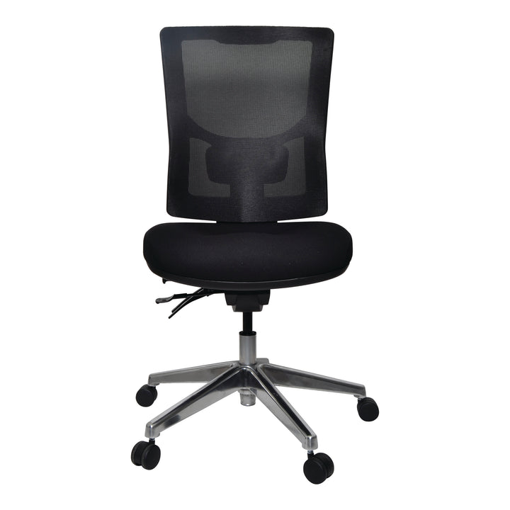 Buro Metro II 24/7 high back chair, shown with optional polished aluminium base, front view (Buro Seating photograph)