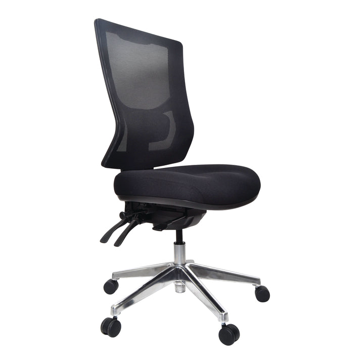 Buro Metro II 24/7 high back chair, shown with optional polished aluminium base, no arms, angle view (Buro Seating photograph)