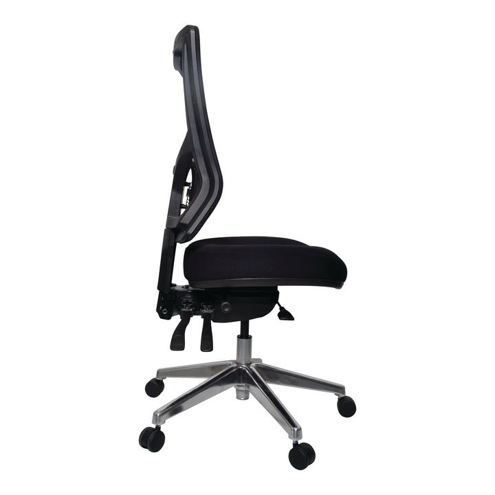 Buro Metro II 24/7 high back chair, shown with optional polished aluminium base, side view (Buro Seating photograph)