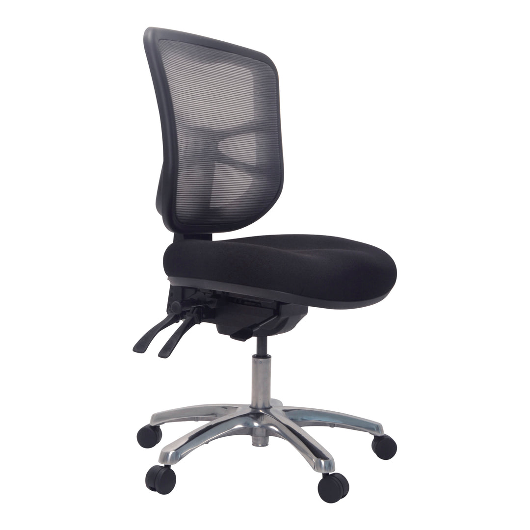 Buro Metro chair with seat slide, polished aluminium base, angle view (Buro Seating photograph)