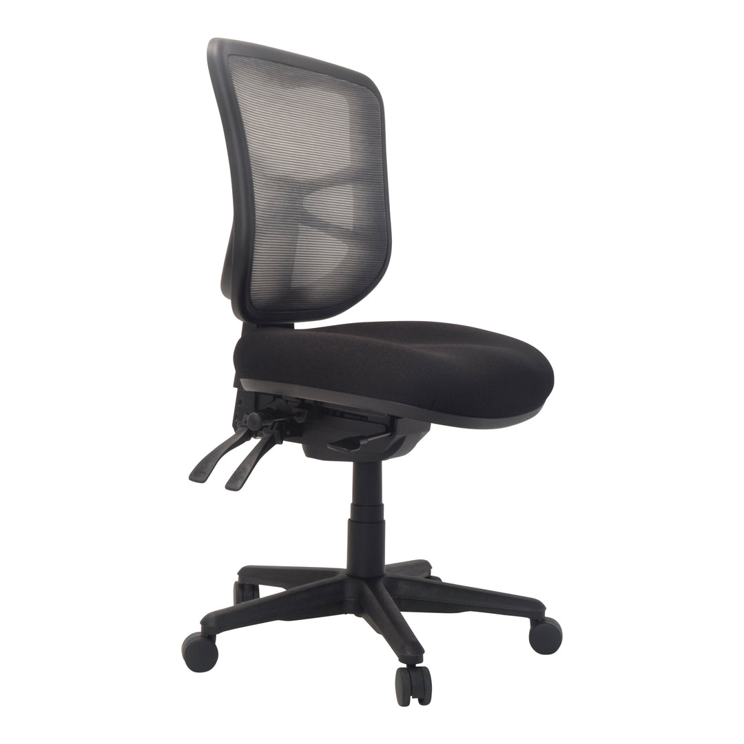 Buro Metro chair with seat slide, mesh back, black nylon base, no arms, angle view (Buro Seating photograph)