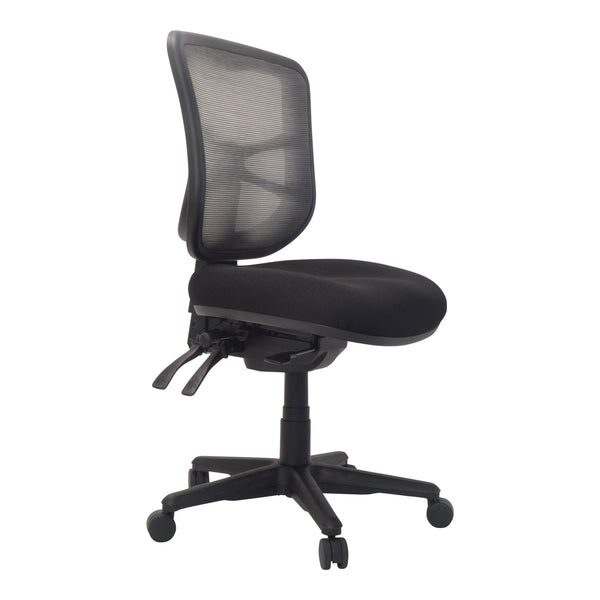 Buro Metro chair with seat slide, mesh back, black nylon base, no arms, angle view (Buro Seating photograph)