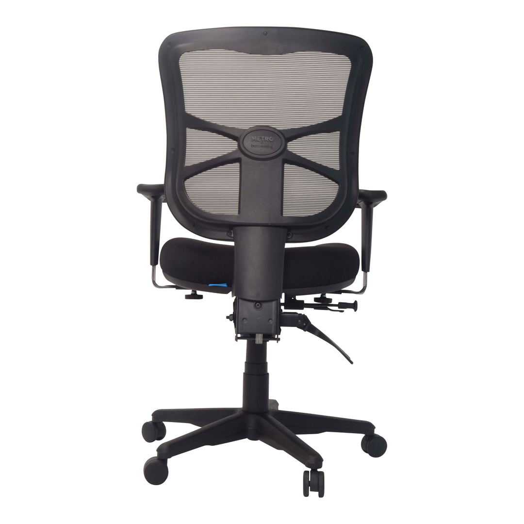 Buro Metro chair with seat slide and adjustable arms, black nylon base, back view (Buro Seating photograph)