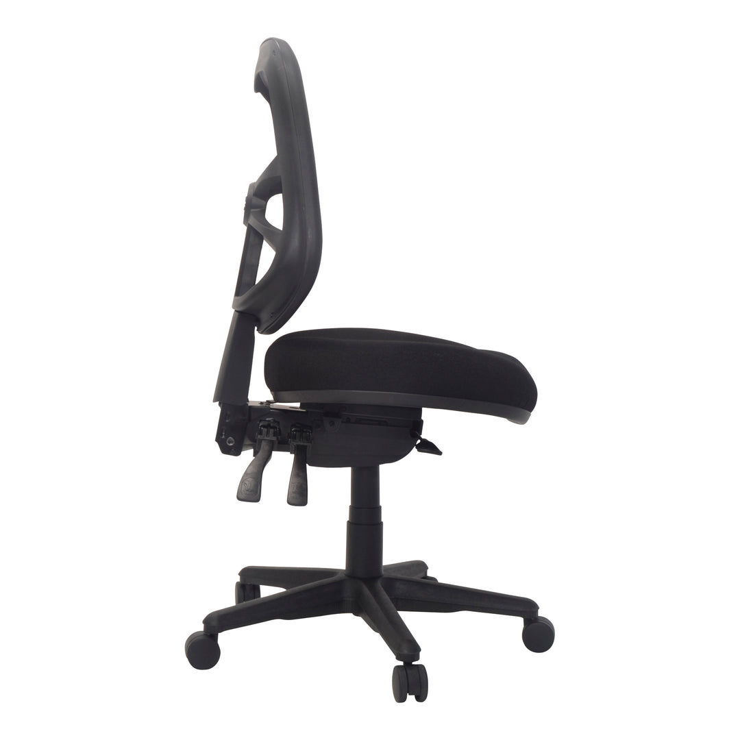 Buro Metro chair with seat slide, black nylon base, side view (Buro Seating photograph)