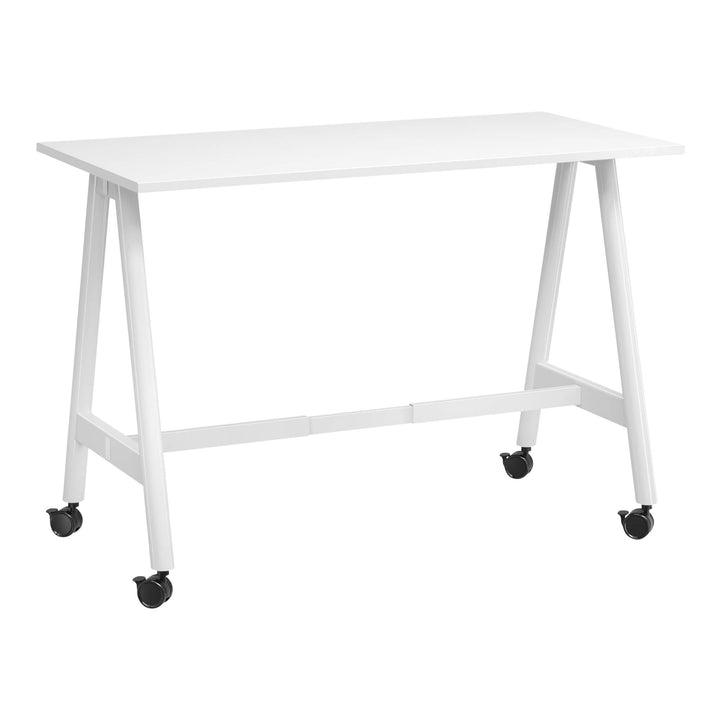 Buro MyWorkSpace A-Frame high training table 1500 x 750 mm, 1040 mm high, white frame on lockable castors, angle view