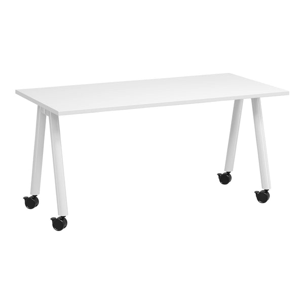 Buro MyWorkSpace A-Frame training table 1500 x 750 mm, standard 720 mm height, white frame on lockable castors, angle view