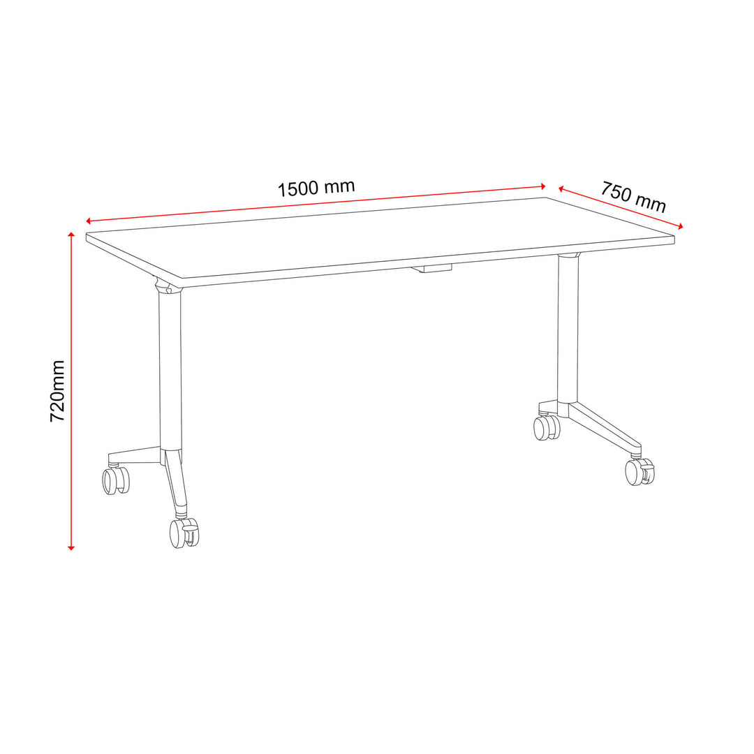 Buro MyWorkSpace Flip Top training table 1500 x 750 x 720 mm line drawing with dimensions