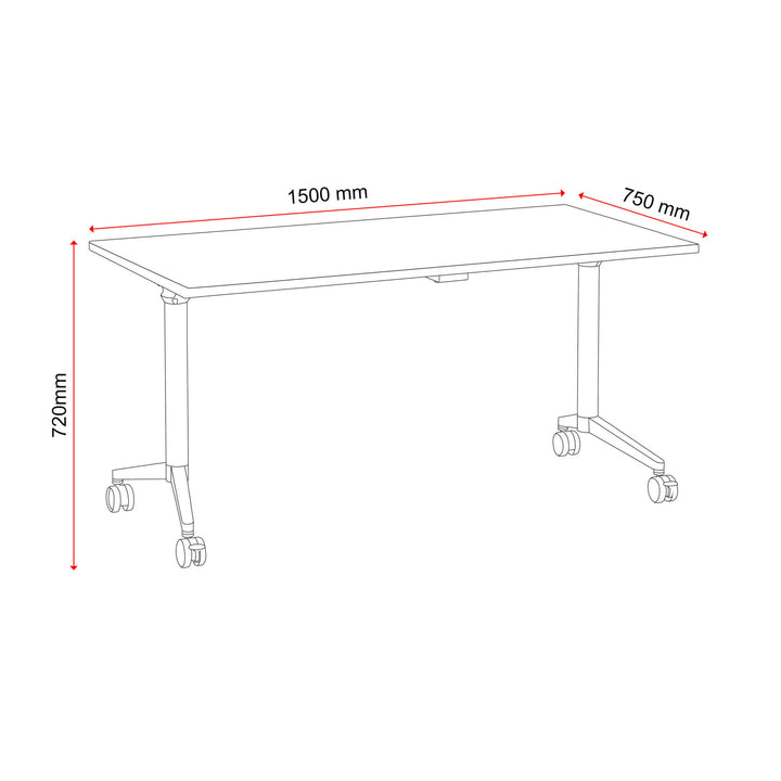 Buro MyWorkSpace Flip Top training table 1500 x 750 x 720 mm line drawing with dimensions