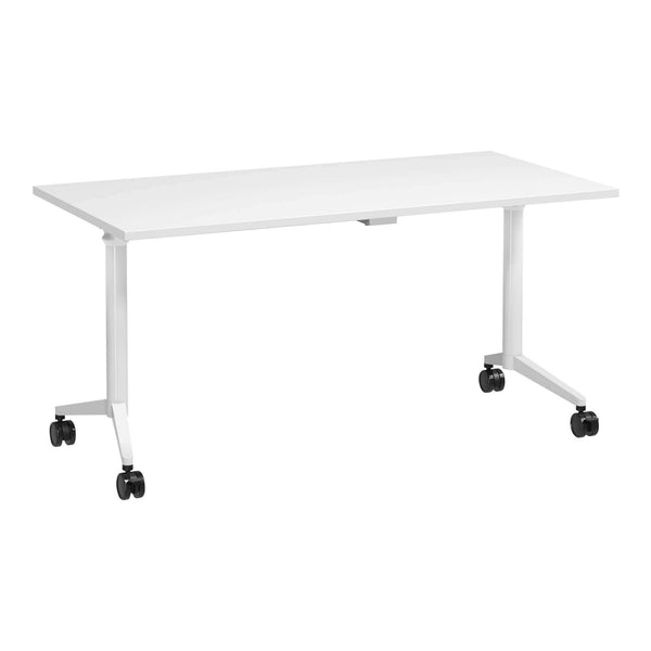 Buro MyWorkSpace Flip Top training table 1500 x 750 mm with white frame on lockable castors, angle view