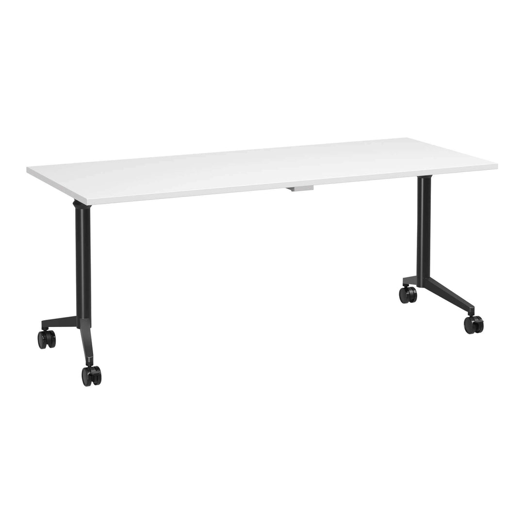 Buro MyWorkSpace Flip Top training table 1800 x 750 mm with black frame and white top, angle view