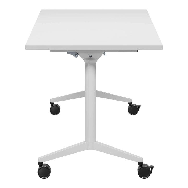 Buro MyWorkSpace Flip Top training table 1800 x 750 mm with white frame, side view showing the castor base