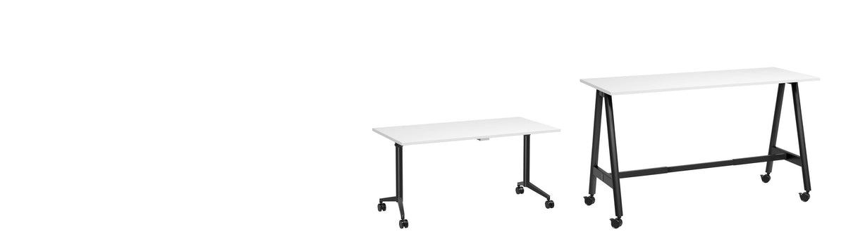 Buro MyWorkSpace training tables: flip top table and A-frame high table on castors