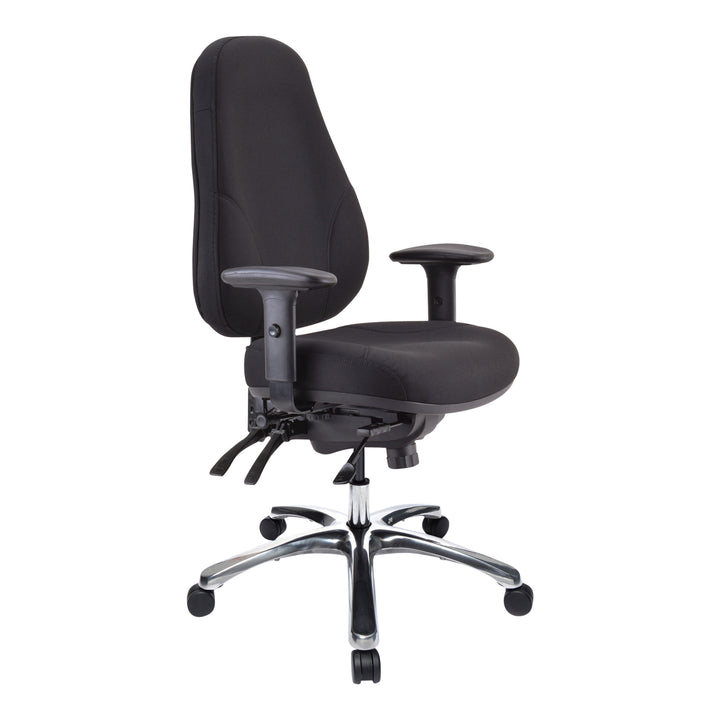 Buro Persona 24/7 chair, black Jett fabric, adjustable arms, shown with optional aluminium base (Buro Seating photograph)