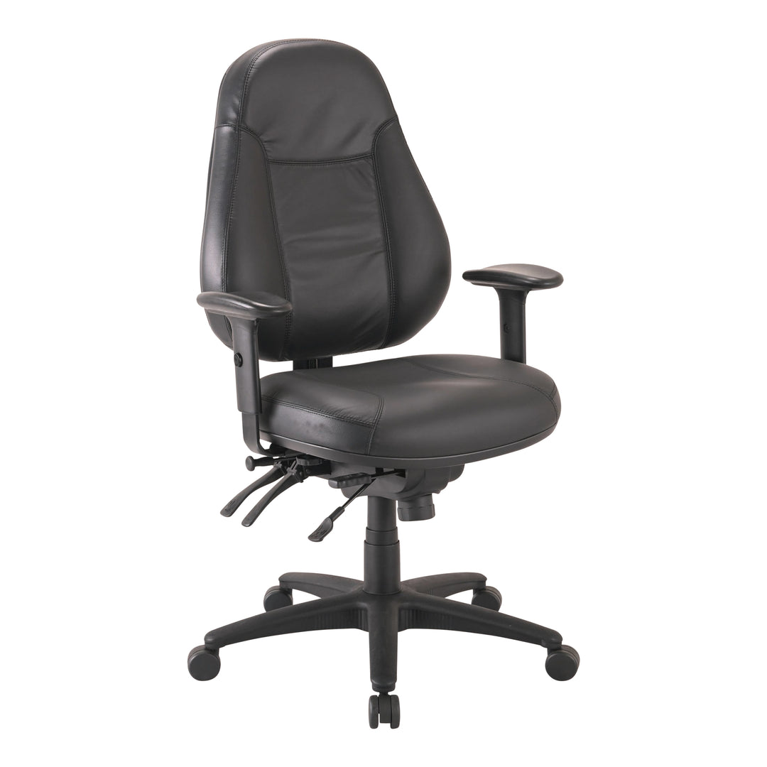 Buro Persona 24/7 chair, black leather, adjustable arms, angle view (Buro Seating photograph)