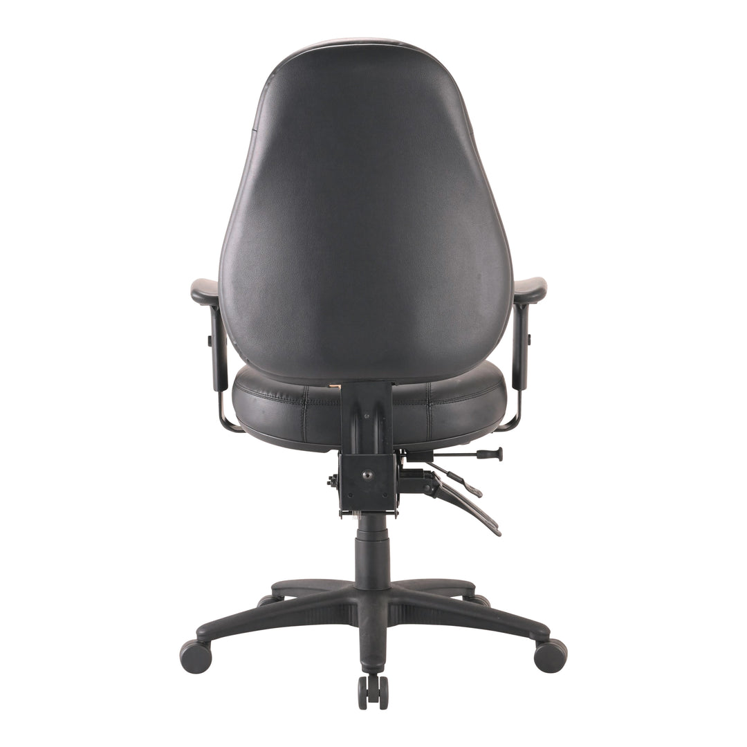 Buro Persona 24/7 chair, black leather, adjustable arms, back view (Buro Seating photograph)