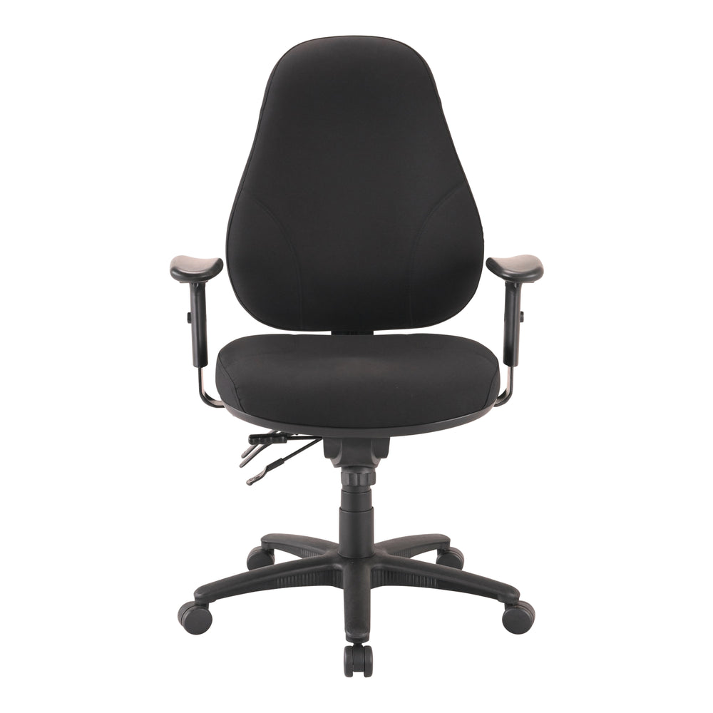 Buro Persona 24/7 chair, black leather, adjustable arms, front view (Buro Seating photograph)