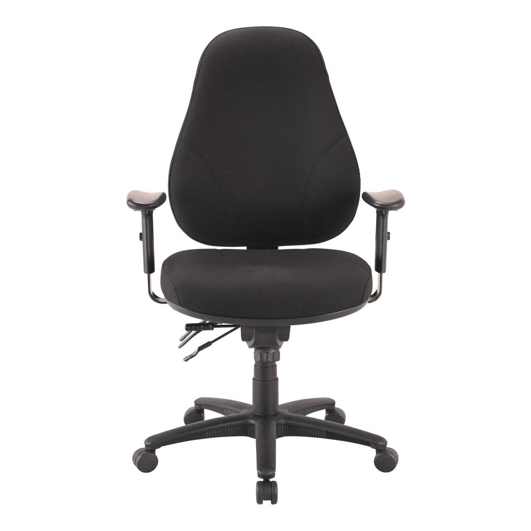 Buro Persona 24/7 chair, black leather, adjustable arms, front view (Buro Seating photograph)