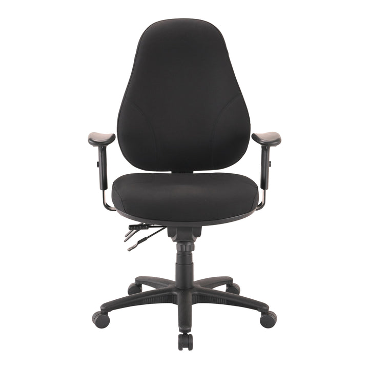 Buro Persona 24/7 chair, black leather, adjustable arms, front view (Buro Seating photograph)
