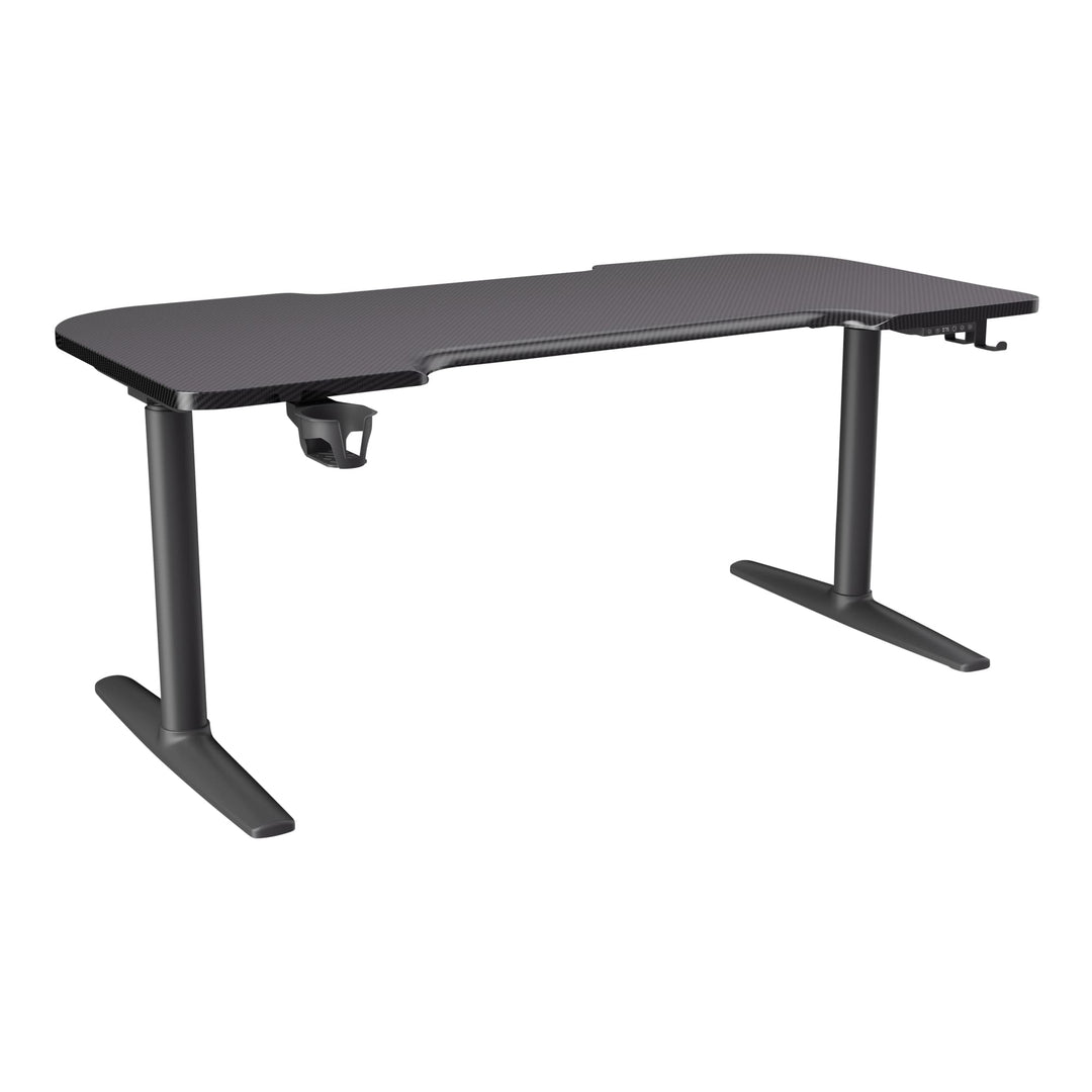 Buro x PowerA Frontier height adjustable gaming desk, black frame with carbon fibre-look top, front angle view