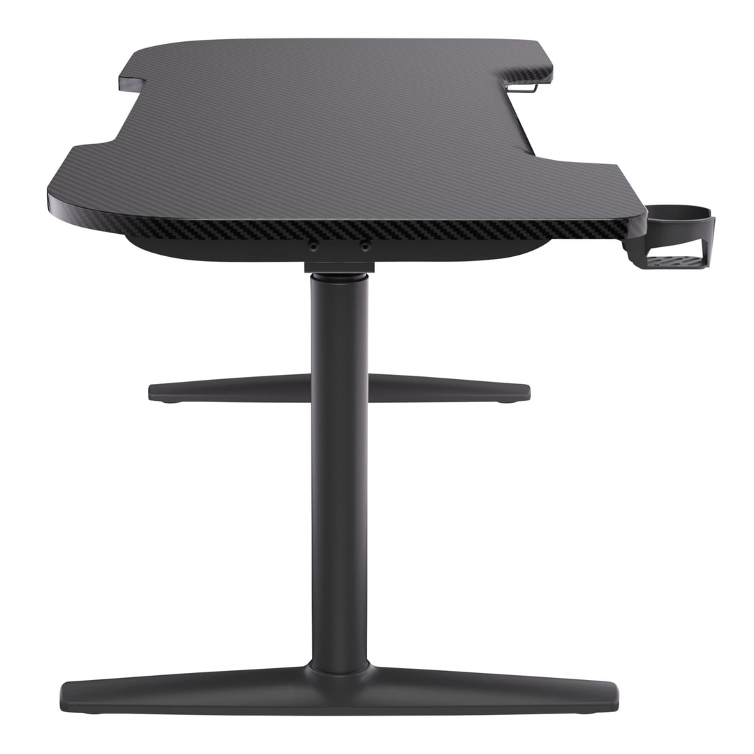 Buro x PowerA Frontier height adjustable gaming desk, side view showing the cup holder and round leg