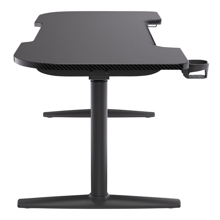 Buro x PowerA Frontier height adjustable gaming desk, side view showing the cup holder and round leg