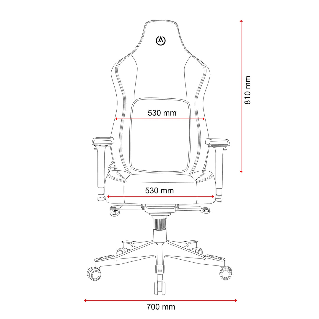 Buro x PowerA Navigator gaming chair line drawing, front view with dimensions in mm