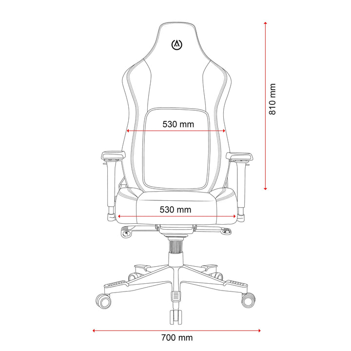 Buro x PowerA Navigator gaming chair line drawing, front view with dimensions in mm