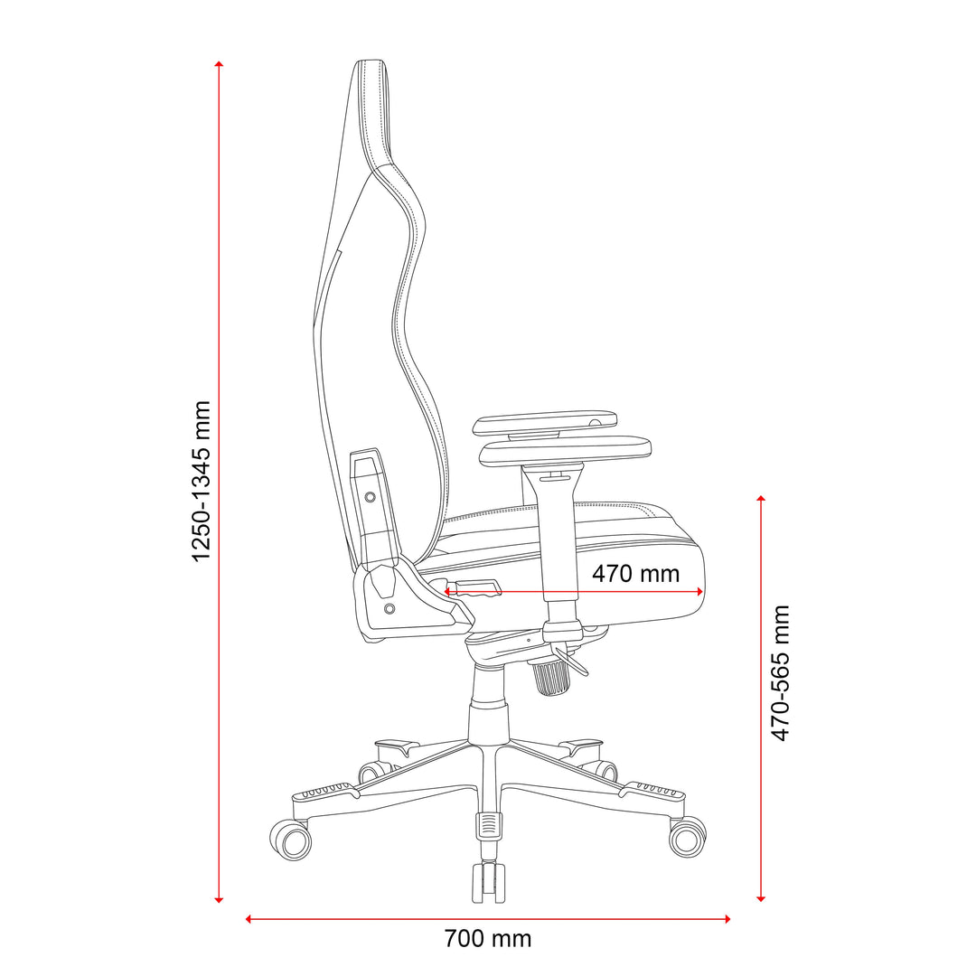 Buro x PowerA Navigator gaming chair line drawing, side view with seat height and overall height in mm
