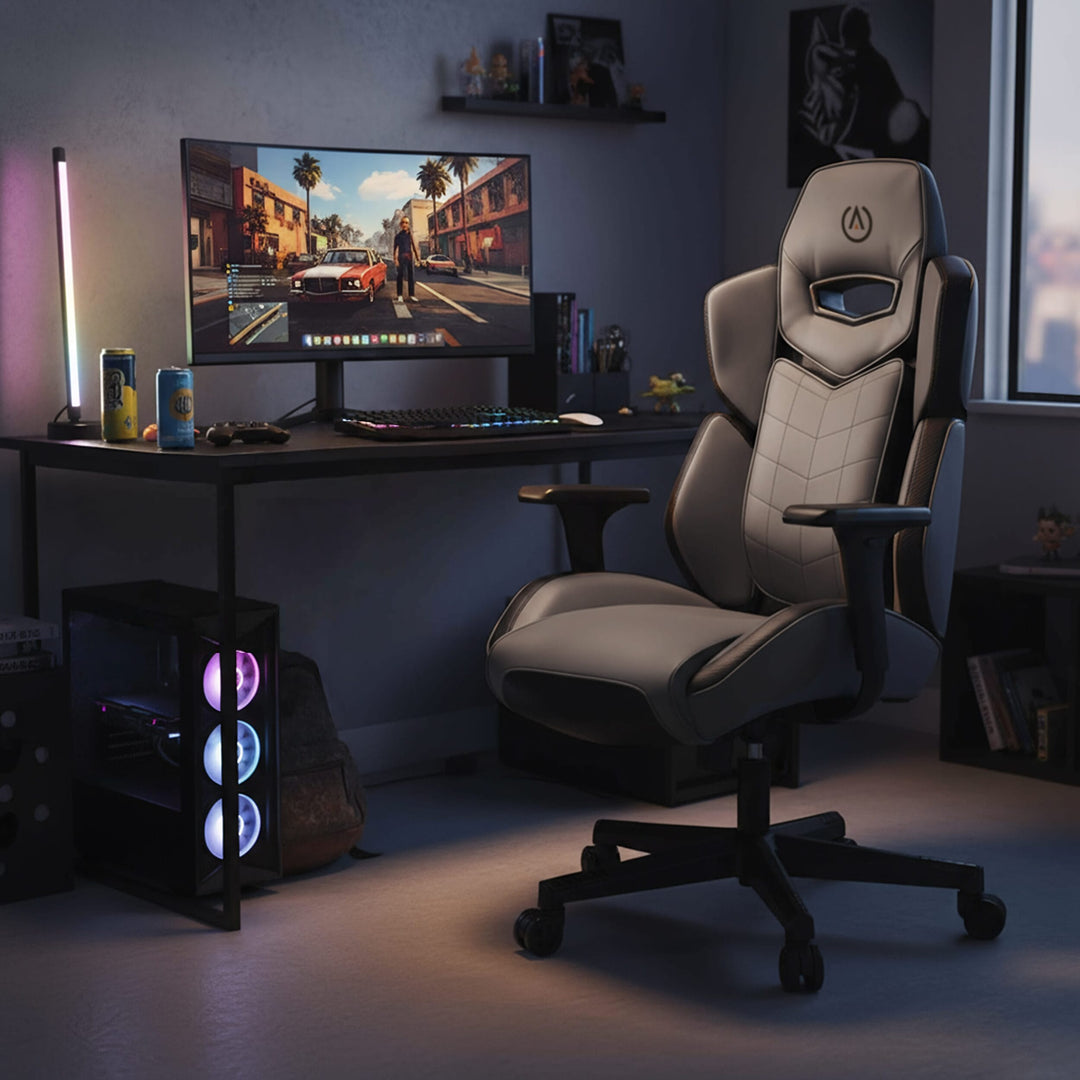 Buro x PowerA Raider gaming chair at a gaming desk, front angle