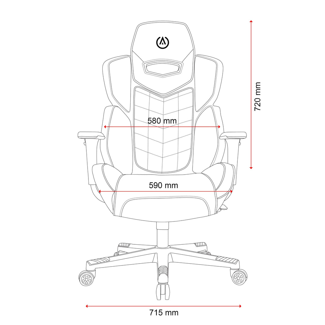 Buro x PowerA Raider gaming chair line drawing, front view with dimensions in mm