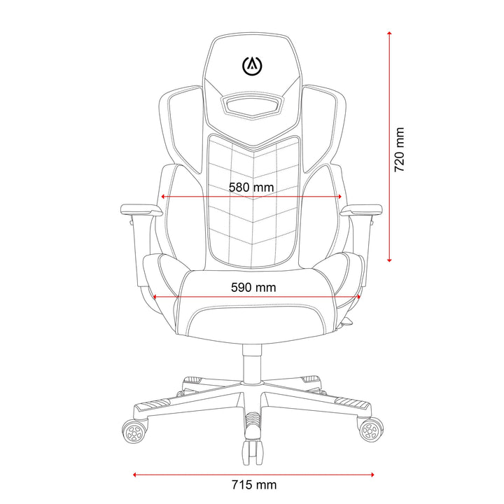 Buro x PowerA Raider gaming chair line drawing, front view with dimensions in mm