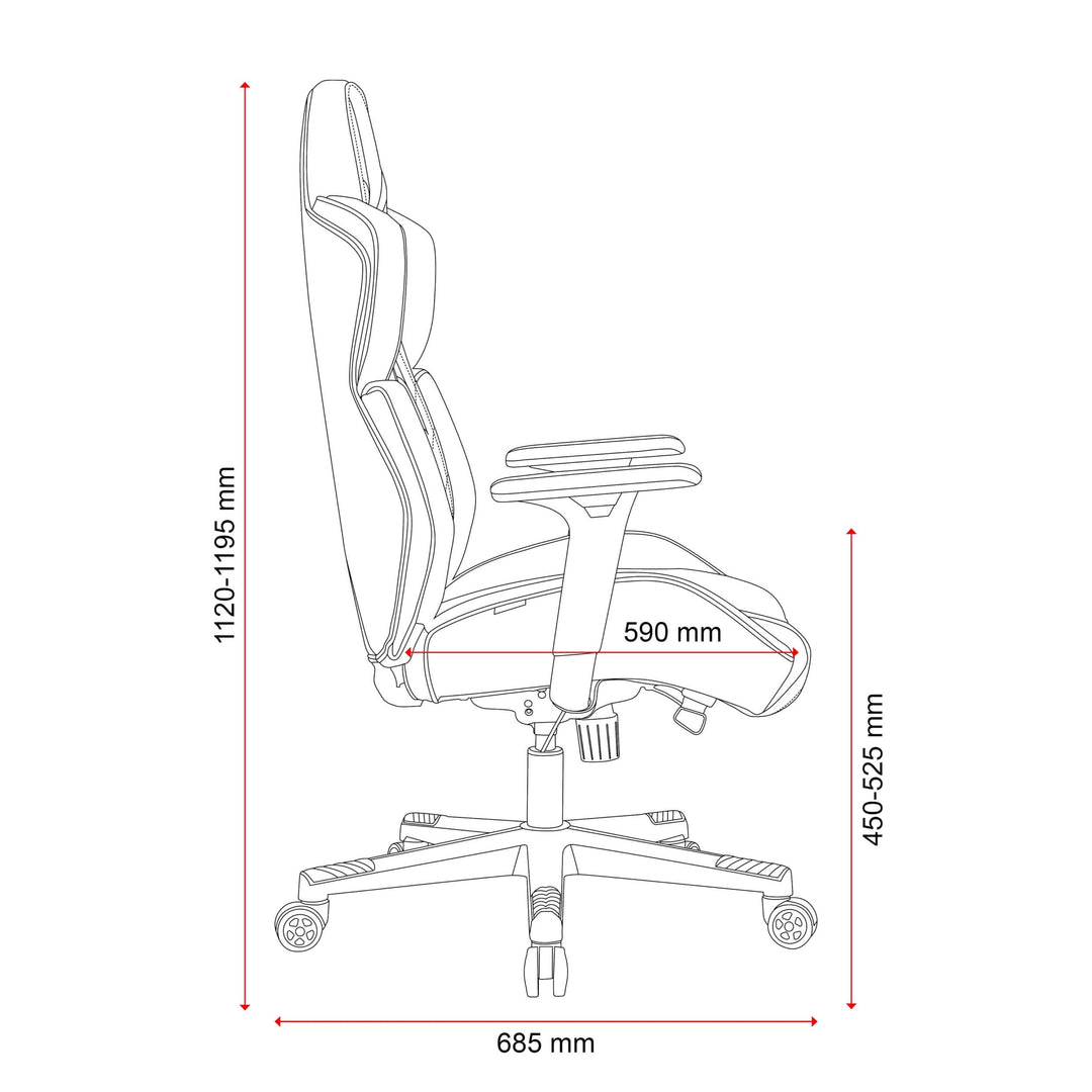 Buro x PowerA Raider gaming chair line drawing, side view with seat height and overall height in mm