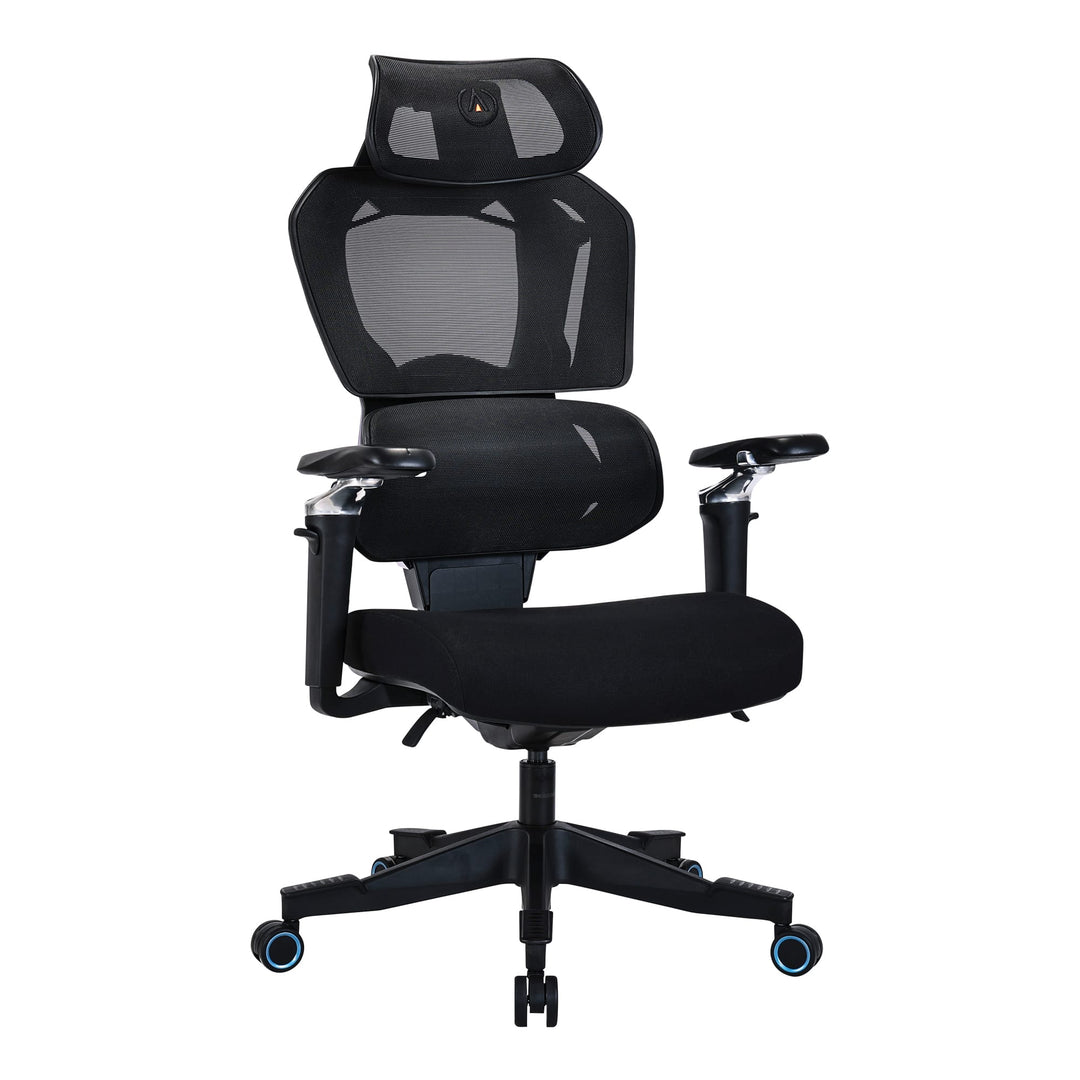 Buro x PowerA Sentinel ergonomic gaming chair in black mesh with 5D armrests and adjustable headrest, front angle view