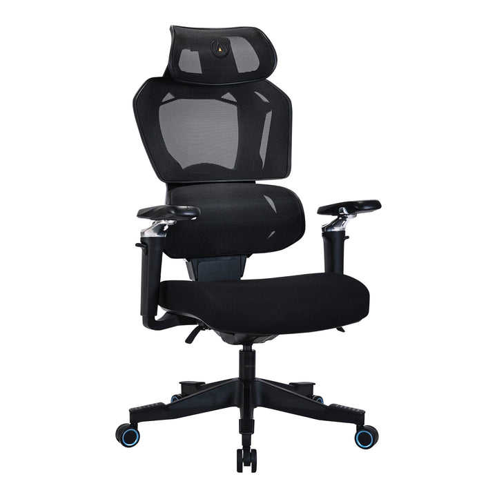 Buro x PowerA Sentinel ergonomic gaming chair in black mesh with 5D armrests and adjustable headrest, front angle view