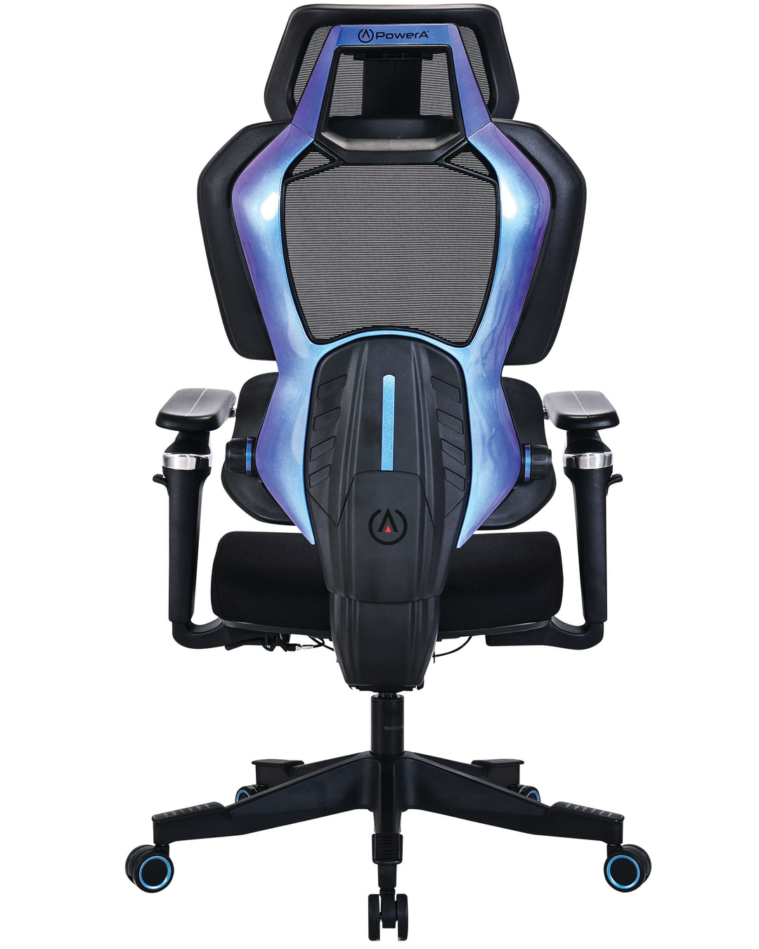 Buro x PowerA Sentinel gaming chair, back view showing the blue PowerA back panel