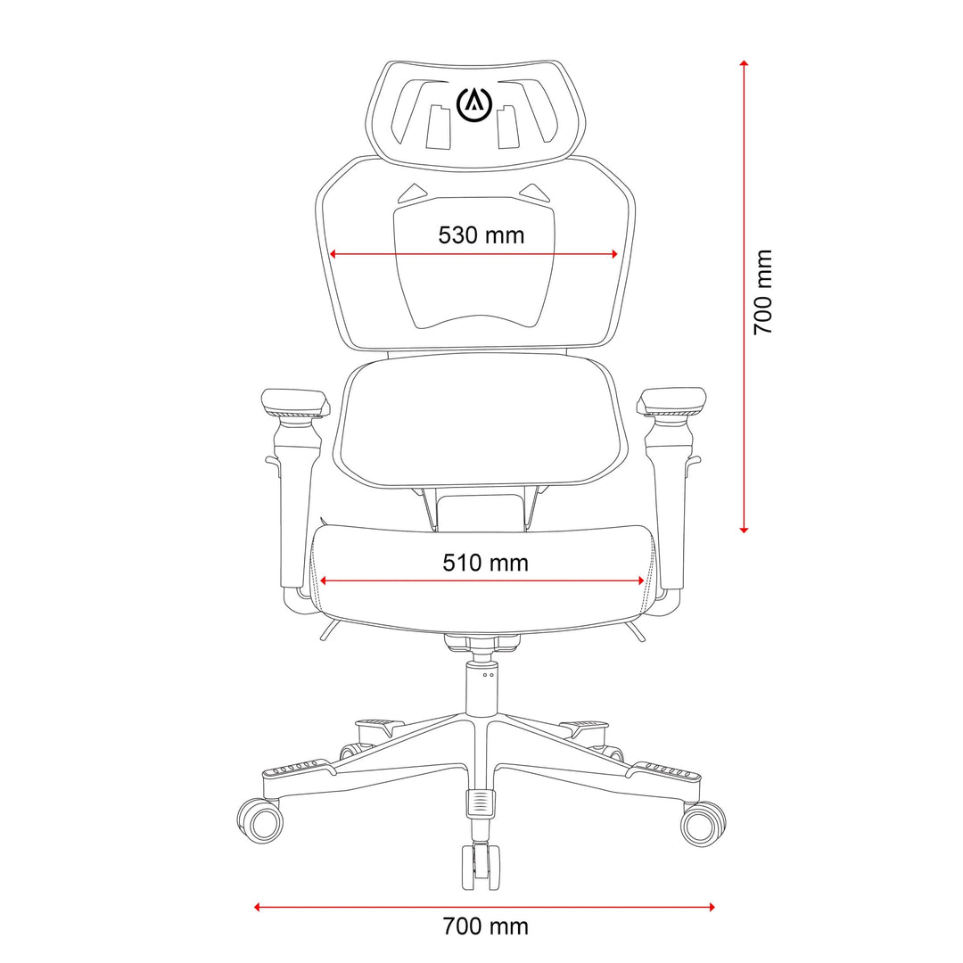 Buro x PowerA Sentinel gaming chair line drawing, front view with dimensions in mm