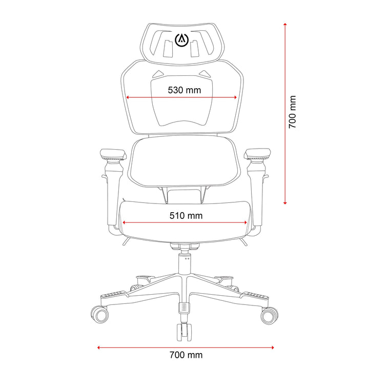Buro x PowerA Sentinel gaming chair line drawing, front view with dimensions in mm