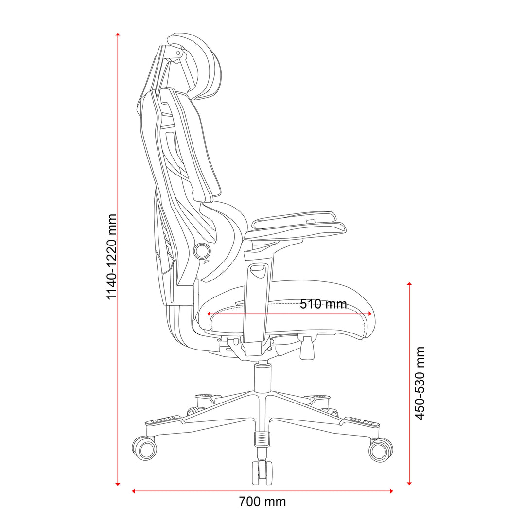 Buro x PowerA Sentinel gaming chair line drawing, side view with seat height and overall height in mm
