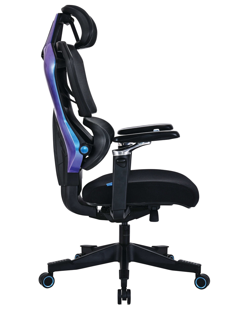 Buro x PowerA Sentinel gaming chair in black mesh, side view showing the headrest, 5D armrests and blue back panel