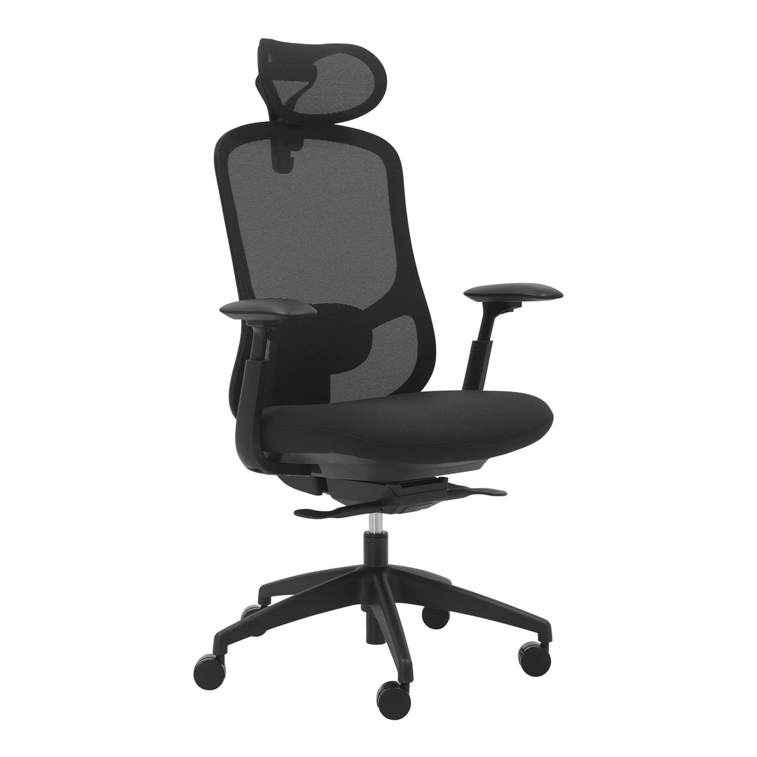 Buro Quantum mesh office chair with optional height adjustable headrest and arms, three-quarter view