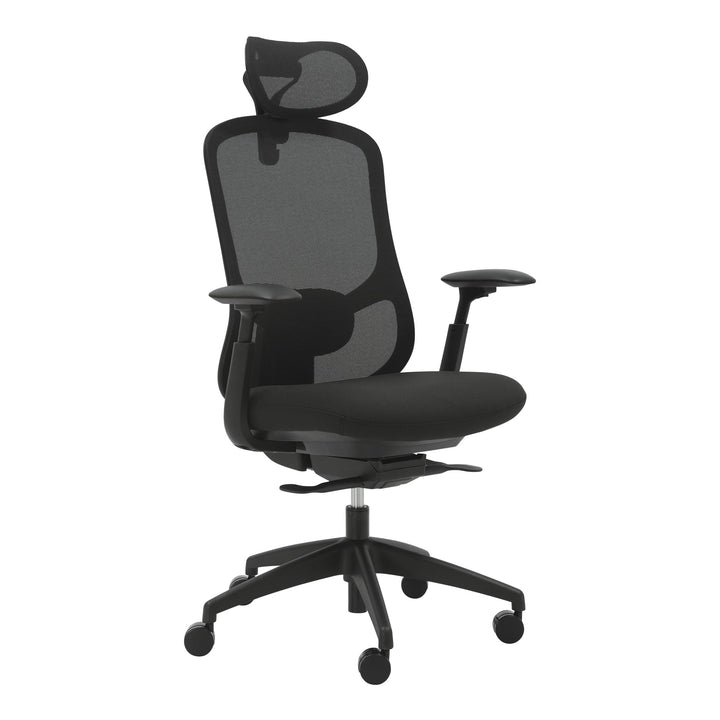 Buro Quantum mesh office chair with optional height adjustable headrest and arms, three-quarter view