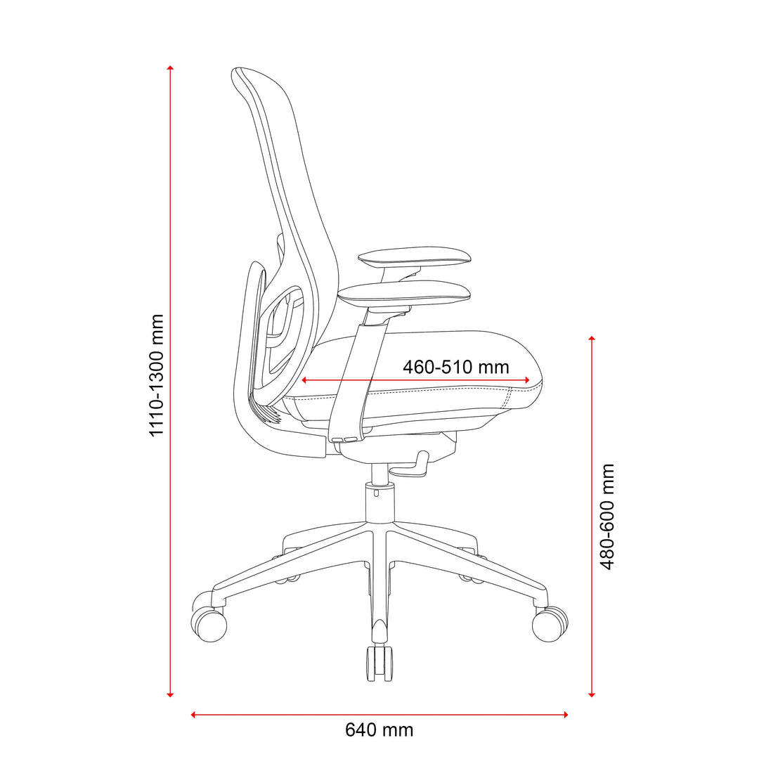 Buro Quantum mesh office chair with arms, dimensioned side line drawing