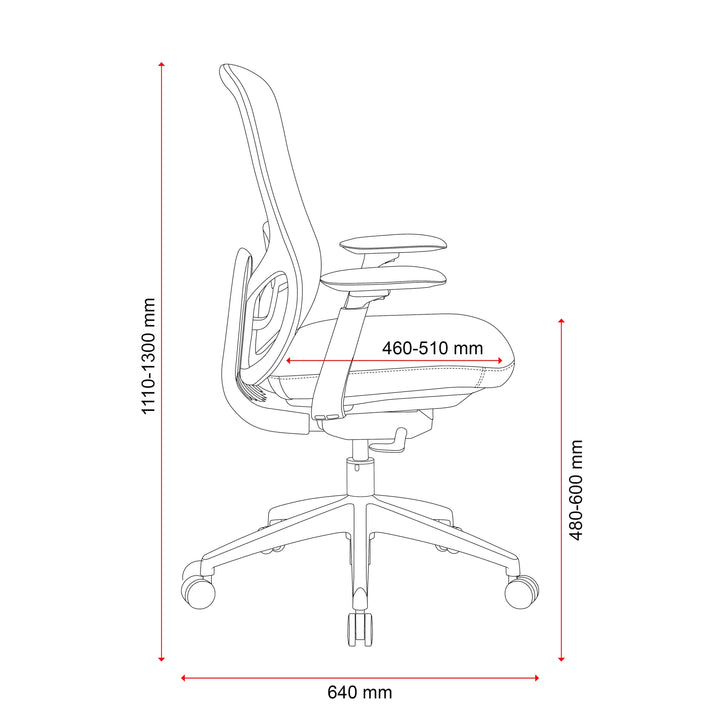Buro Quantum mesh office chair with arms, dimensioned side line drawing