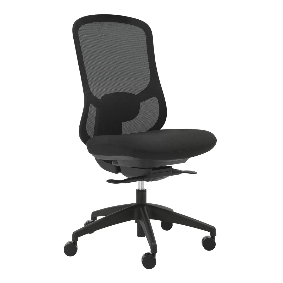 Buro Quantum ergonomic office chair, black mesh back without arms, three-quarter view