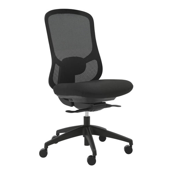 Buro Quantum ergonomic office chair, black mesh back without arms, three-quarter view