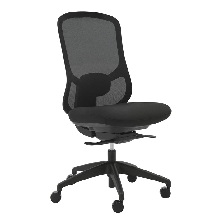 Buro Quantum ergonomic office chair, black mesh back without arms, three-quarter view