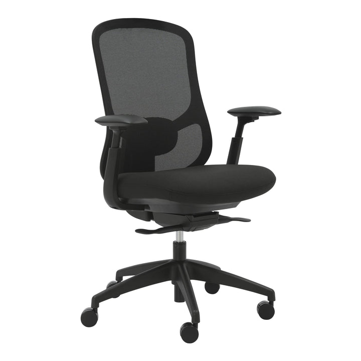 Buro Quantum ergonomic office chair, mesh back with adjustable arms, three-quarter view